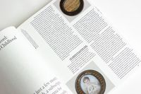 A page of the book Beethoven Moves showing a two column layout including images, body copy, sub headlines and captions. The images depict a silver-mounted snuffbox with a portrait of Beethoven at the age of three on its cover.